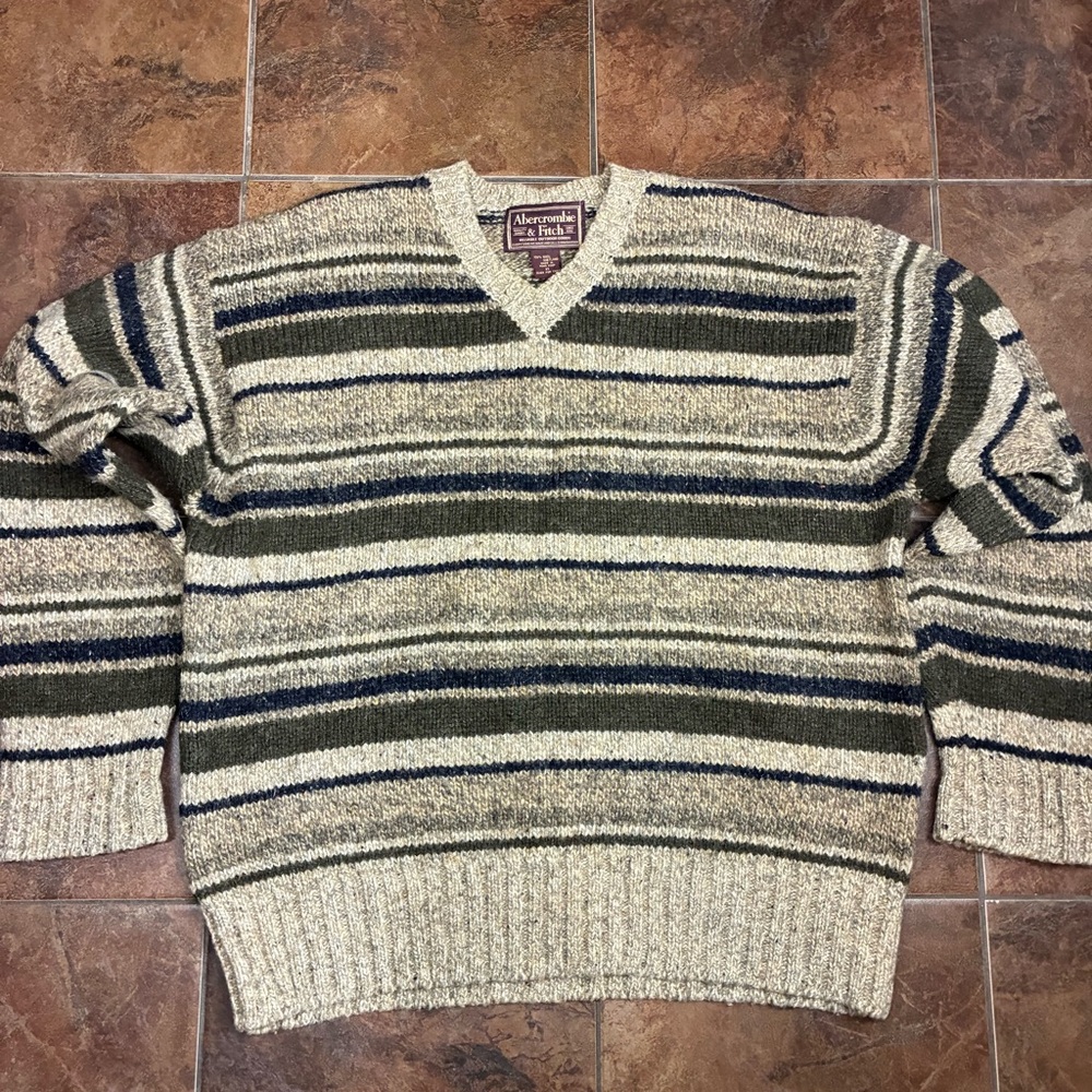 Abercrombie & Fitch Wool Men's V-Neck Sweater - Cream and Green Stripes